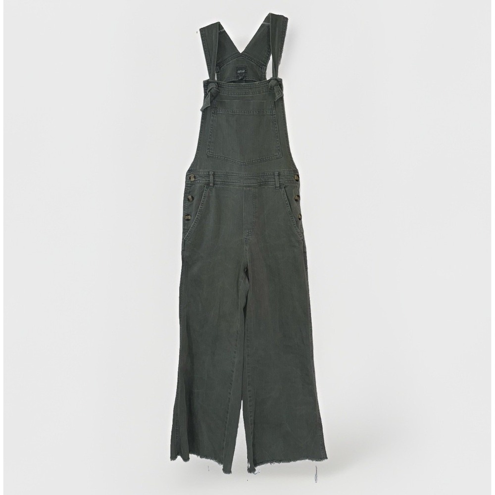Aerie Womens Small Olive Wide Leg Cropped Overalls Raw Hem Utility Boho Casual